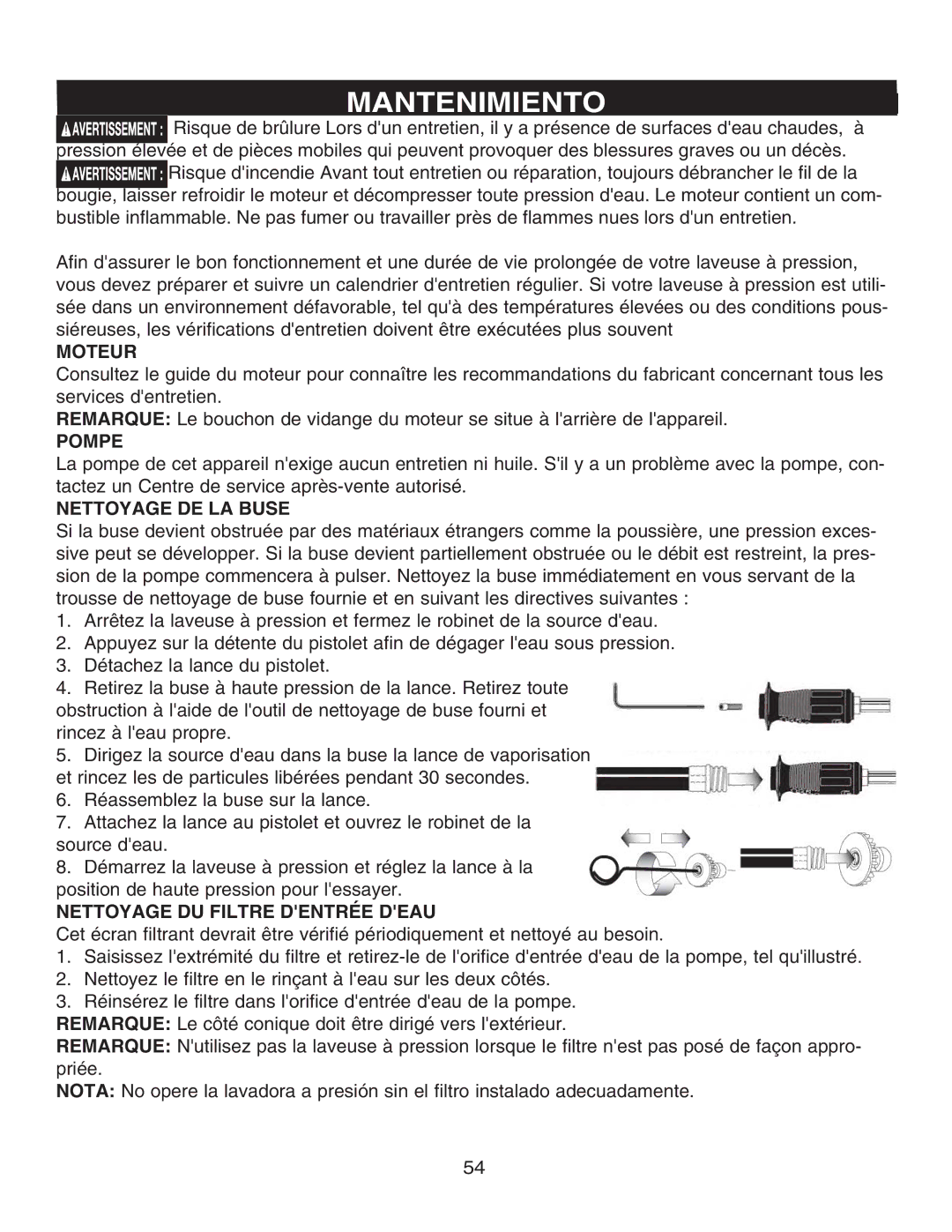 Simpson V3100 warranty Moteur, Pompe, Nettoyage DE LA Buse, Nettoyage DU Filtre Dentrée Deau 