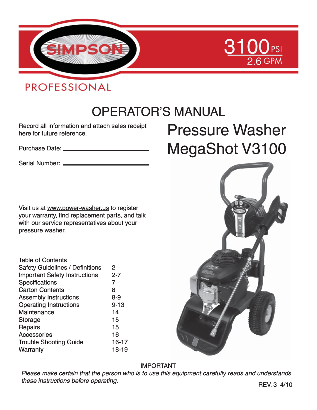 Simpson V3100 warranty Pressure Washer MegaShot, Operator’S Manual 