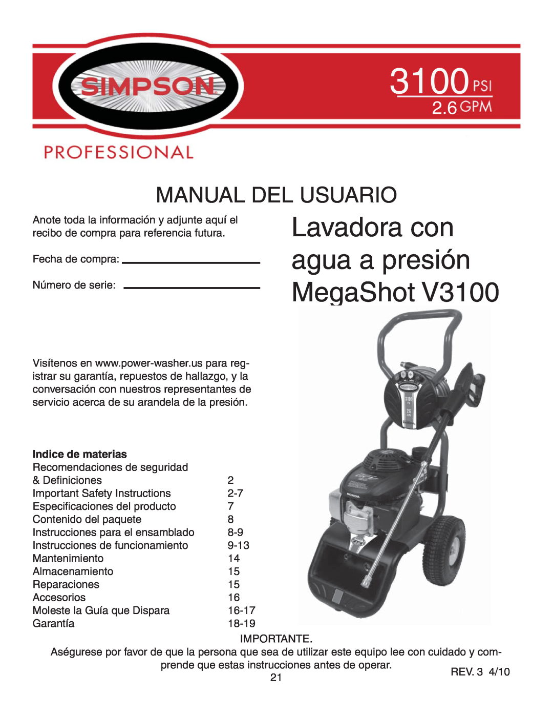 Simpson V3100 warranty Lavadora con agua a presión MegaShot, Manual Del Usuario, Indice de materias 