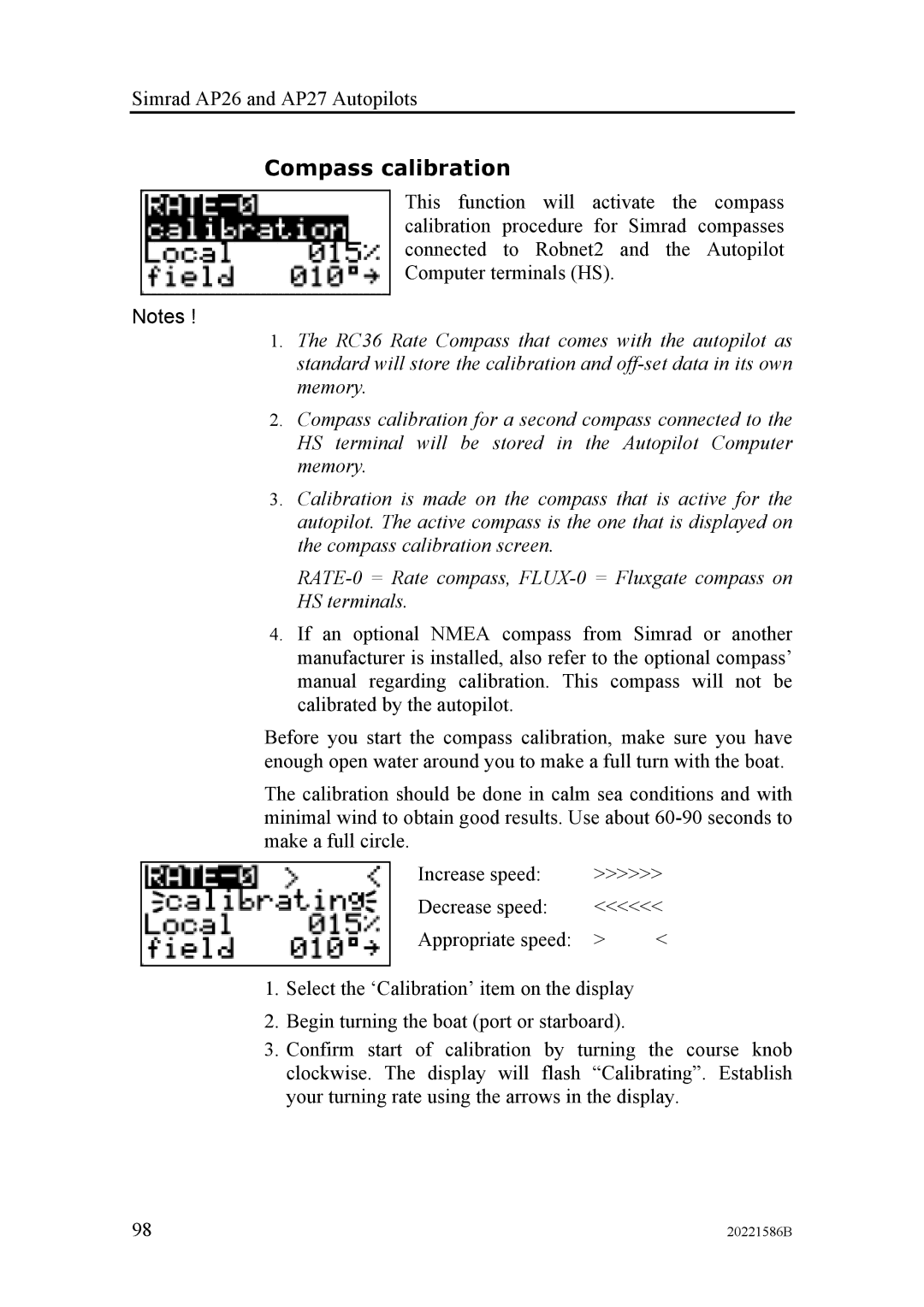 Simrad AP27, AP26 manual Compass calibration 