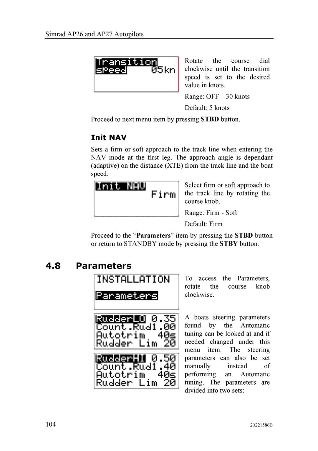 Simrad AP27, AP26 manual Parameters, Init NAV 