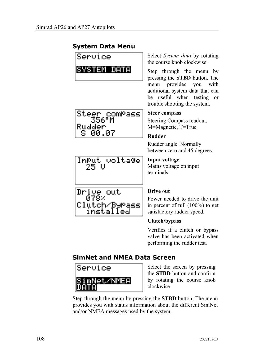 Simrad AP27, AP26 manual System Data Menu, SimNet and Nmea Data Screen 