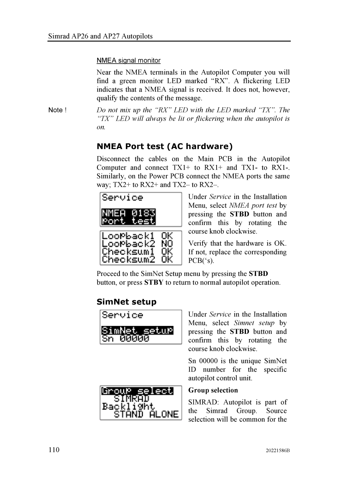 Simrad AP27, AP26 manual Nmea Port test AC hardware, SimNet setup, Group selection 