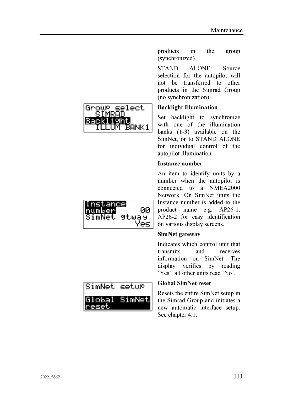 Simrad AP26, AP27 manual Backlight Illumination, Instance number, SimNet gateway, Global SimNet reset 