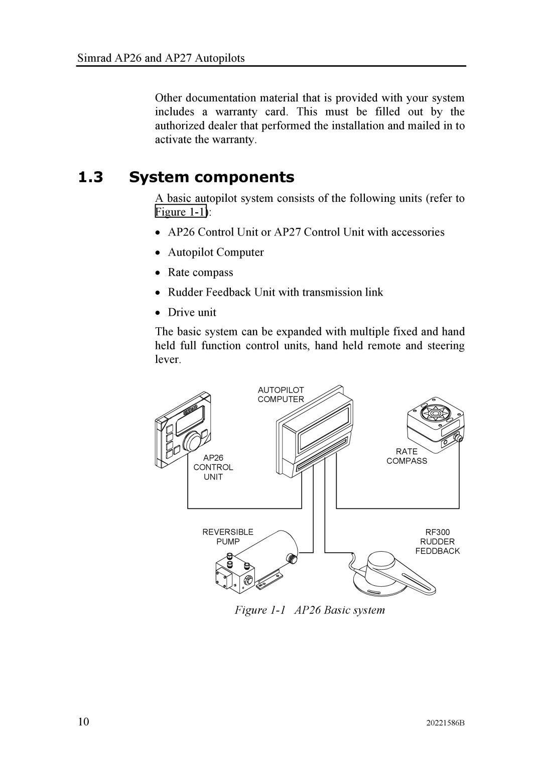 Simrad AP27 manual System components, AP26 Basic system 