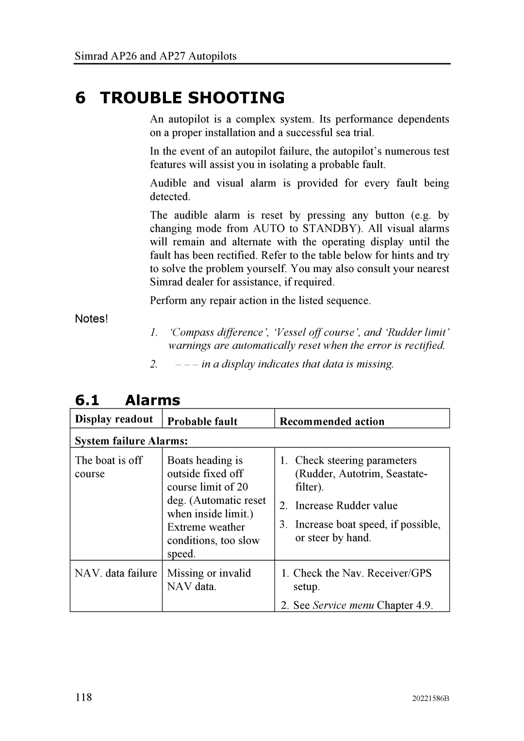 Simrad AP27, AP26 manual Trouble Shooting, Alarms 