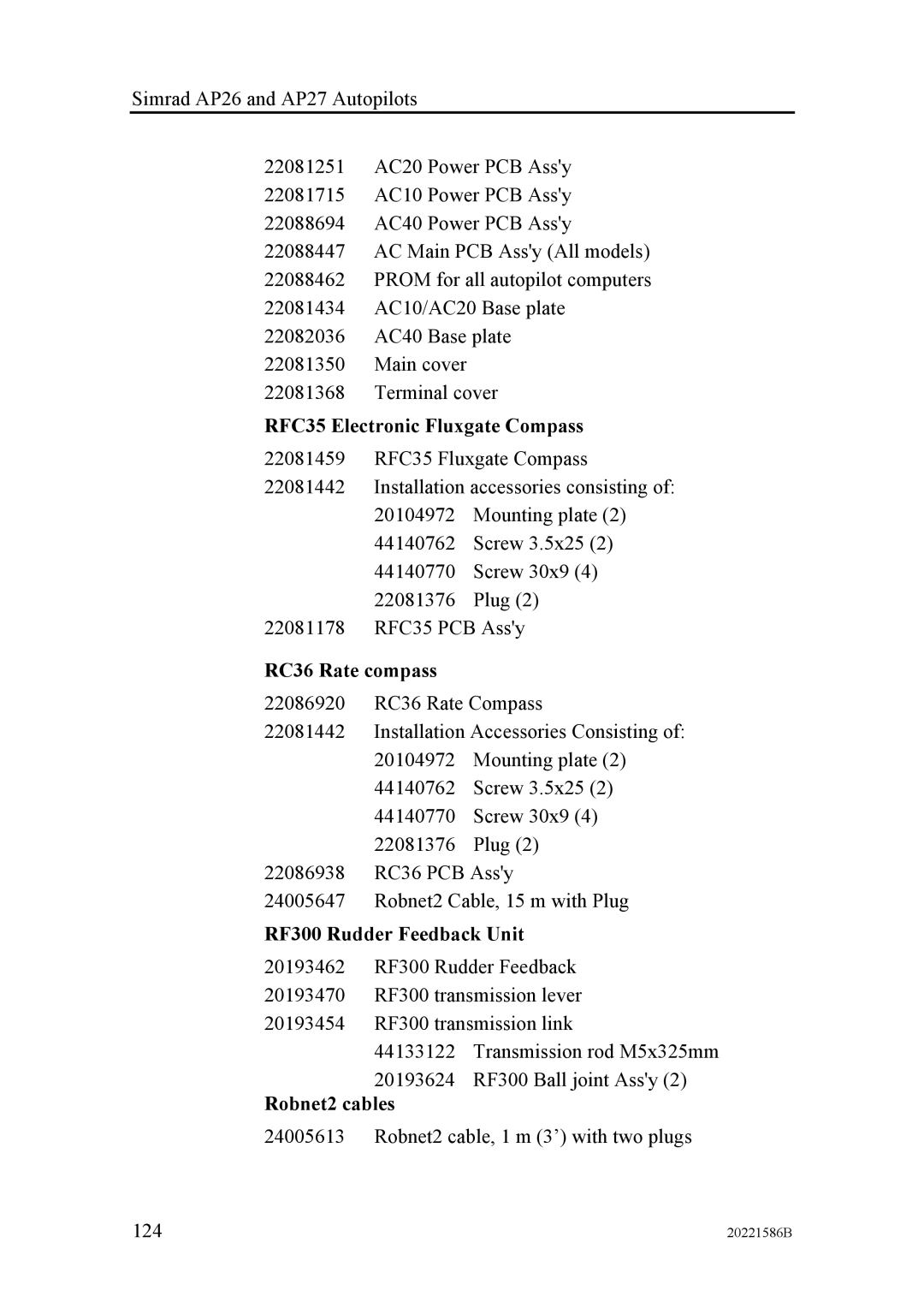 Simrad AP27, AP26 manual RFC35 Electronic Fluxgate Compass, RC36 Rate compass, RF300 Rudder Feedback Unit, Robnet2 cables 