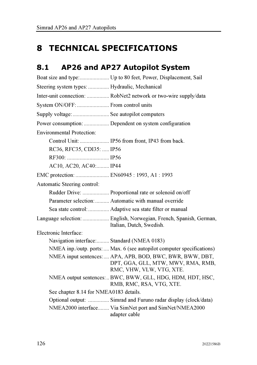 Simrad manual Technical Specifications, AP26 and AP27 Autopilot System 