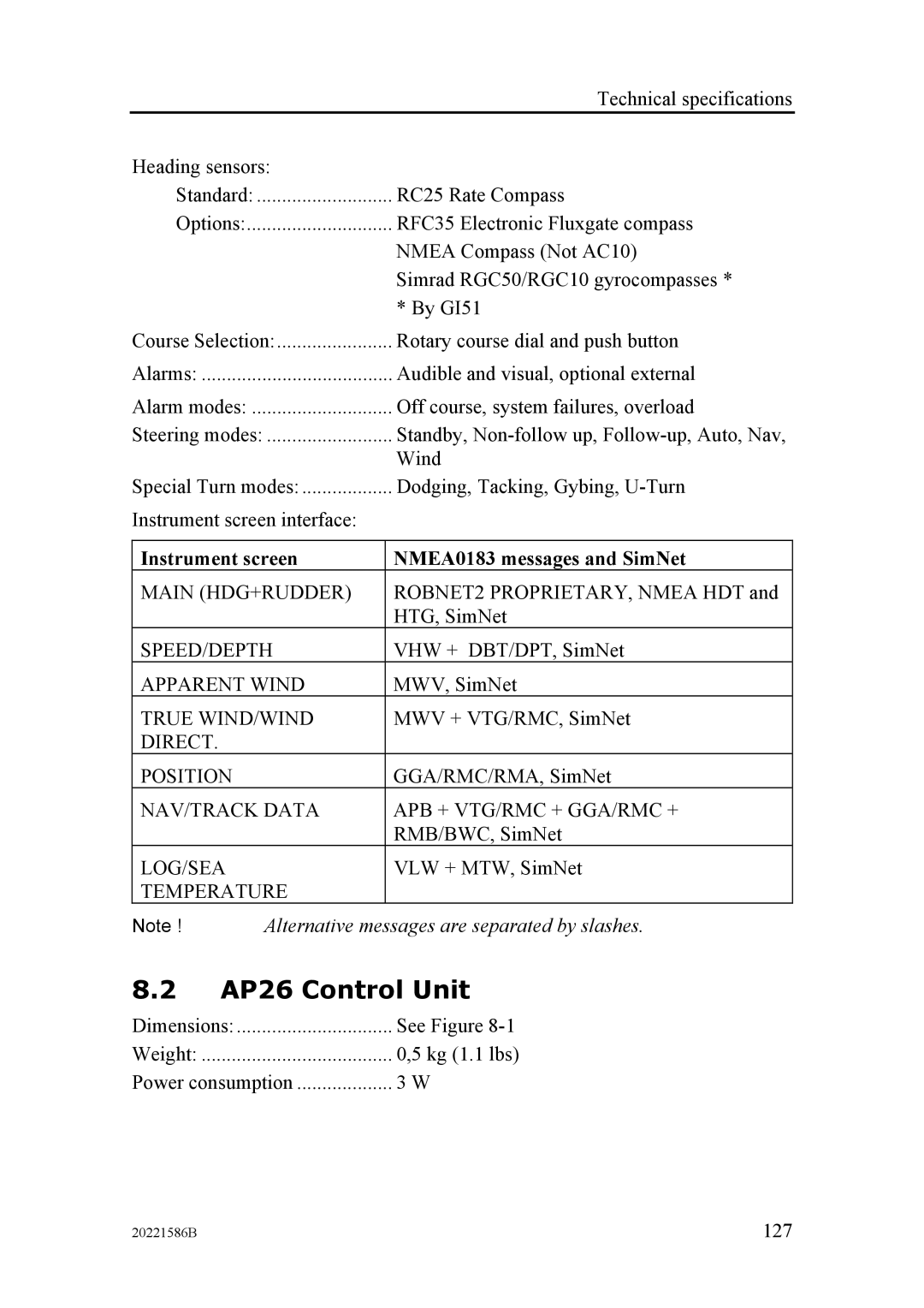 Simrad AP27 manual AP26 Control Unit, Instrument screen NMEA0183 messages and SimNet 