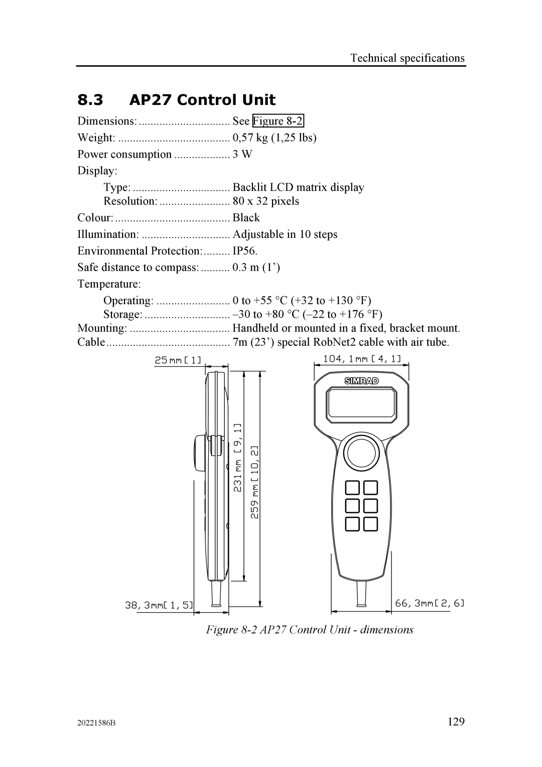 Simrad AP26 manual AP27 Control Unit dimensions 