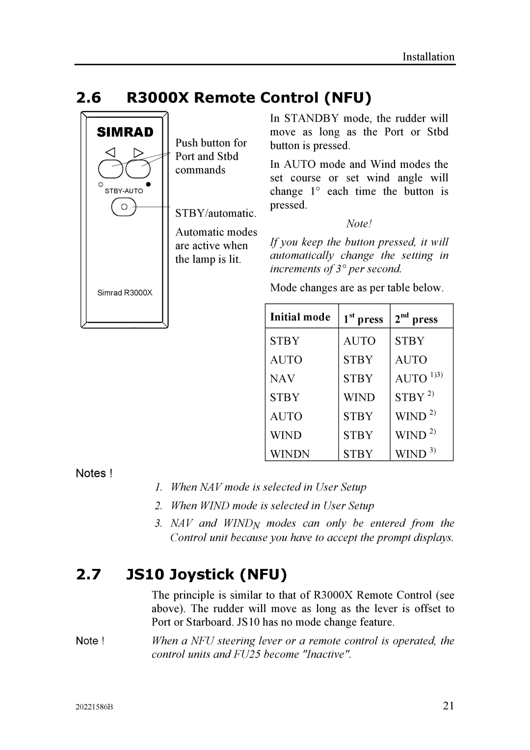 Simrad AP26, AP27 manual R3000X Remote Control NFU, JS10 Joystick NFU, Initial mode 1st press 2nd press 