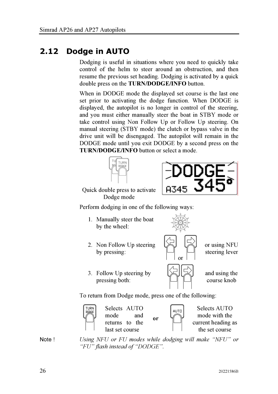 Simrad AP27, AP26 manual Dodge in Auto 