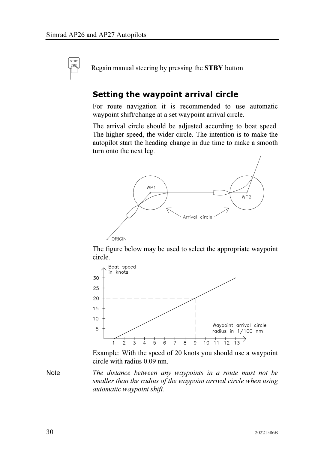 Simrad AP27, AP26 manual Setting the waypoint arrival circle 