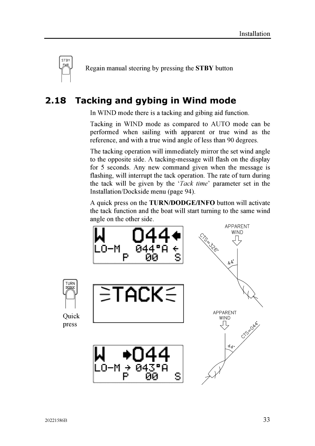 Simrad AP26, AP27 manual Tacking and gybing in Wind mode 