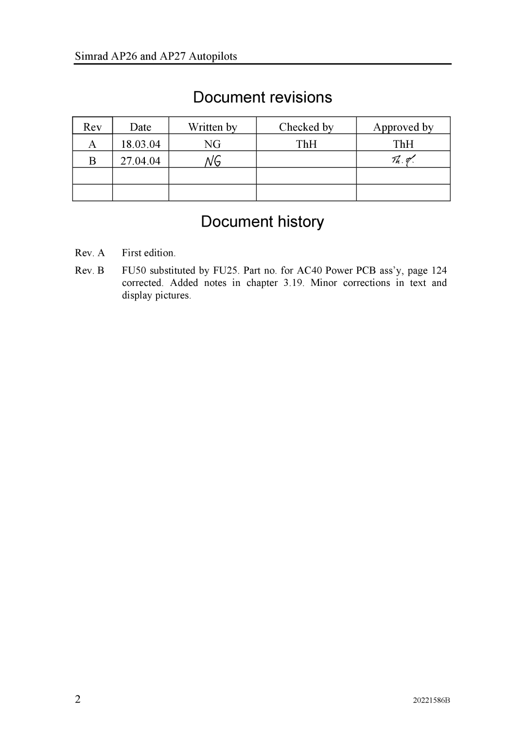 Simrad AP27, AP26 manual Document revisions 