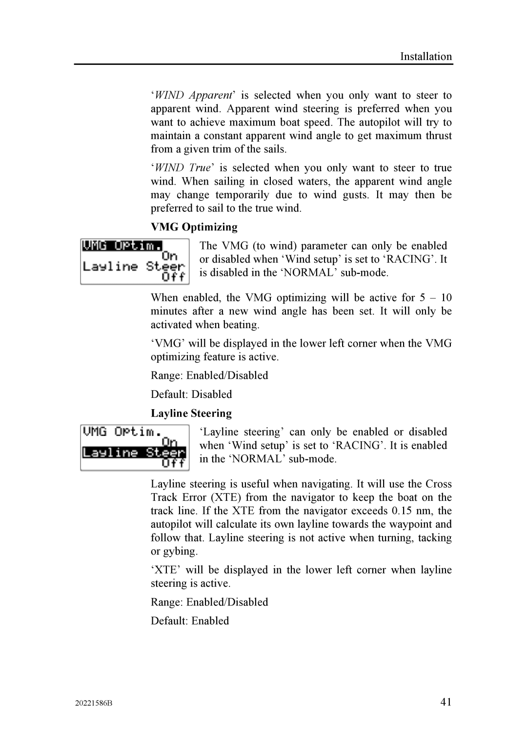 Simrad AP26, AP27 manual VMG Optimizing, Layline Steering 