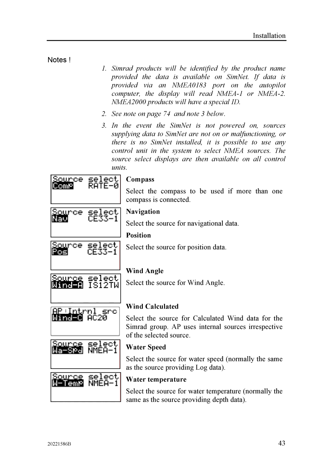 Simrad AP26, AP27 manual Compass, Navigation, Position, Wind Angle, Wind Calculated, Water Speed, Water temperature 