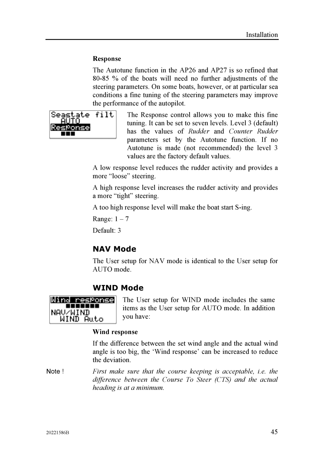 Simrad AP26, AP27 manual NAV Mode, Wind Mode, Response, Wind response 