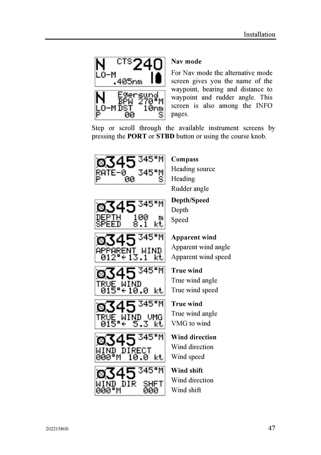 Simrad AP26, AP27 manual Nav mode, Depth/Speed, Apparent wind, True wind, Wind direction, Wind shift 