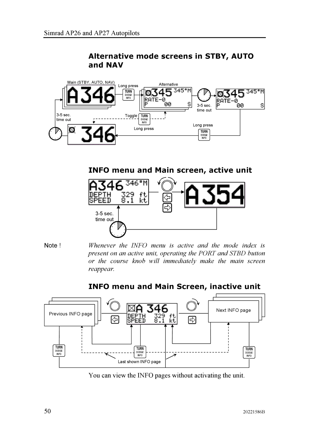 Simrad AP27, AP26 manual Alternative mode screens in STBY, Auto and NAV, Info menu and Main screen, active unit 