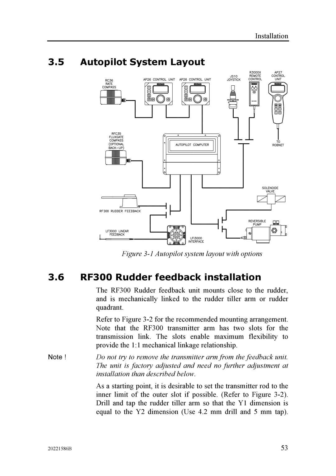 Simrad AP26, AP27 manual Autopilot System Layout, RF300 Rudder feedback installation 