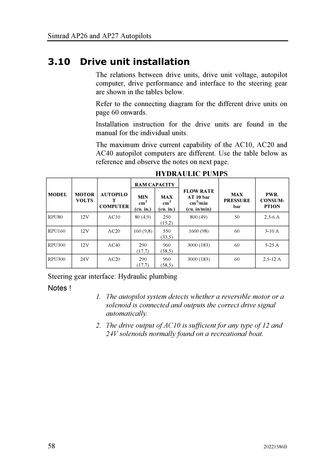 Simrad AP27, AP26 manual Drive unit installation, Hydraulic Pumps 