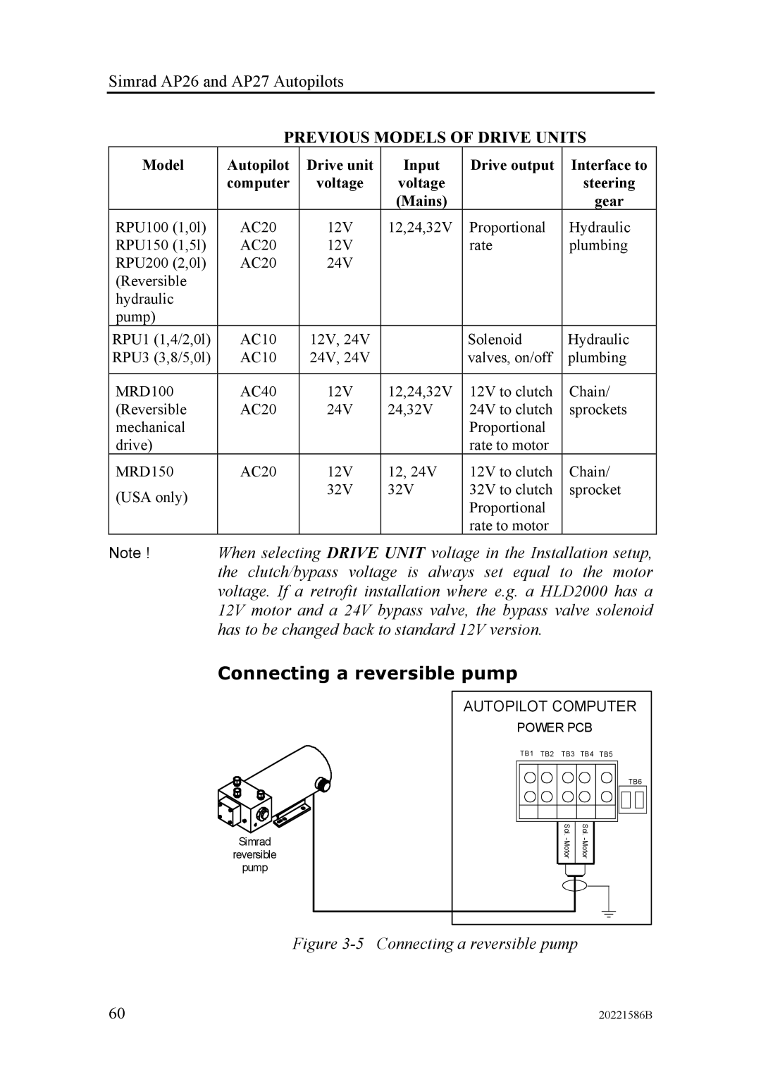 Simrad AP27, AP26 manual Connecting a reversible pump, Previous Models of Drive Units 