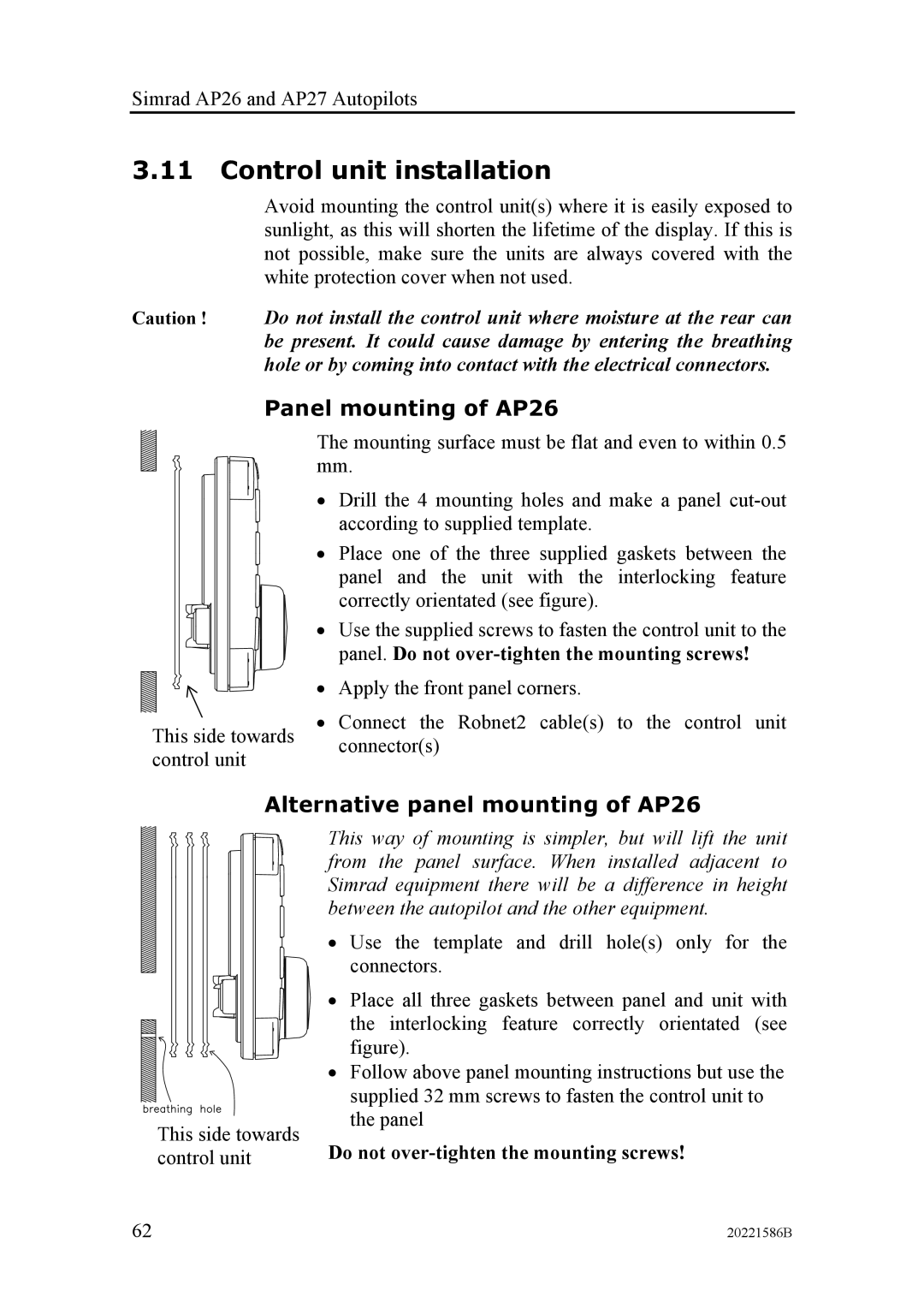 Simrad AP27 manual Control unit installation, Panel mounting of AP26, Alternative panel mounting of AP26 