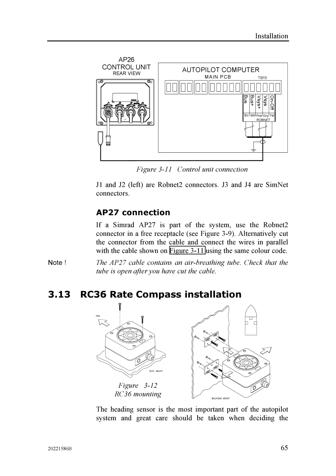 Simrad AP26 manual 13 RC36 Rate Compass installation, AP27 connection 