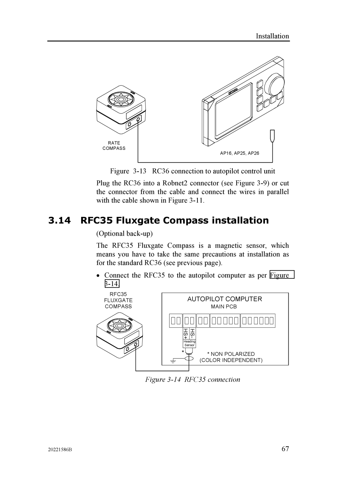 Simrad AP26, AP27 manual 14 RFC35 Fluxgate Compass installation, 14 RFC35 connection 