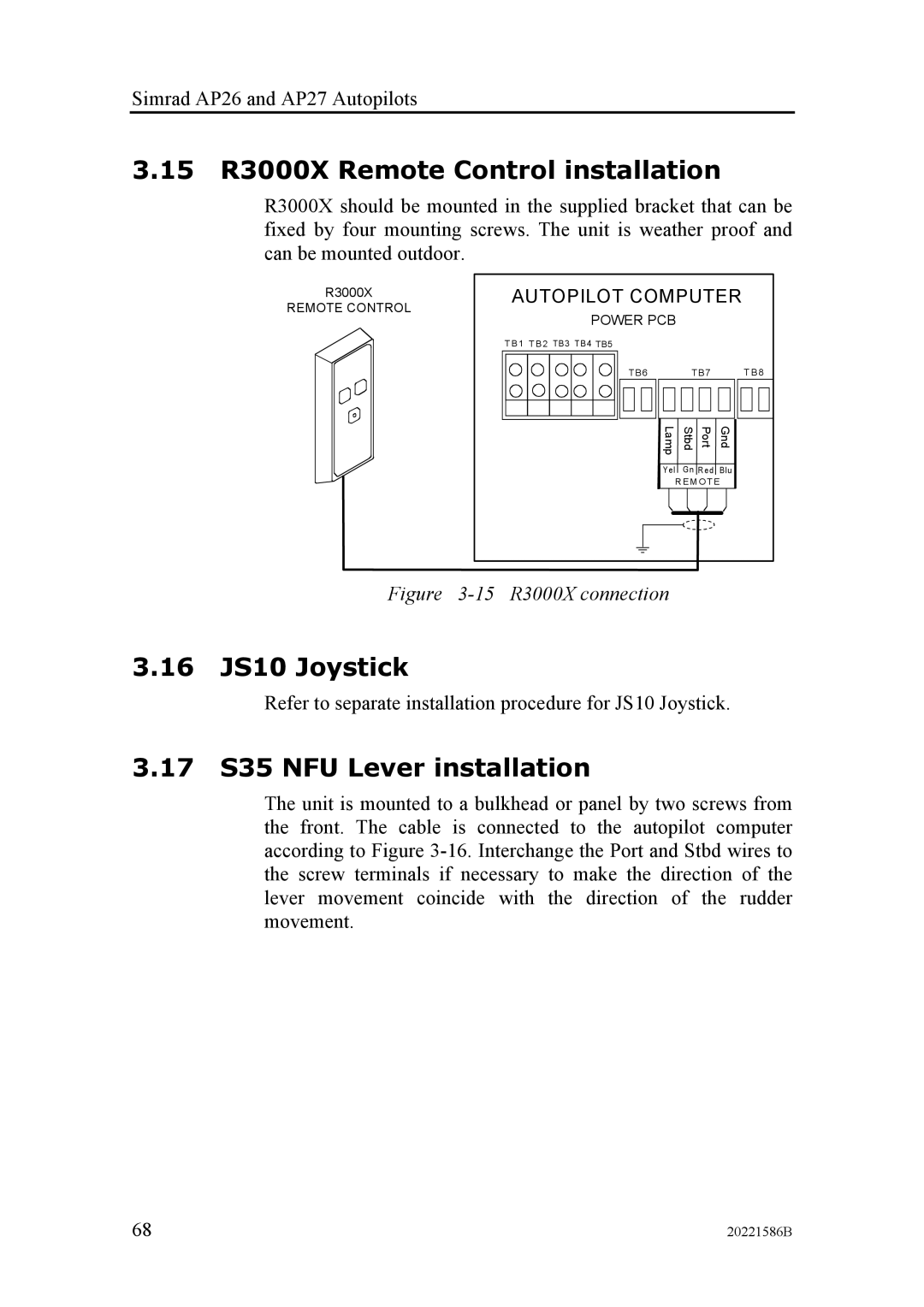 Simrad AP27, AP26 manual 15 R3000X Remote Control installation, 16 JS10 Joystick, 17 S35 NFU Lever installation 