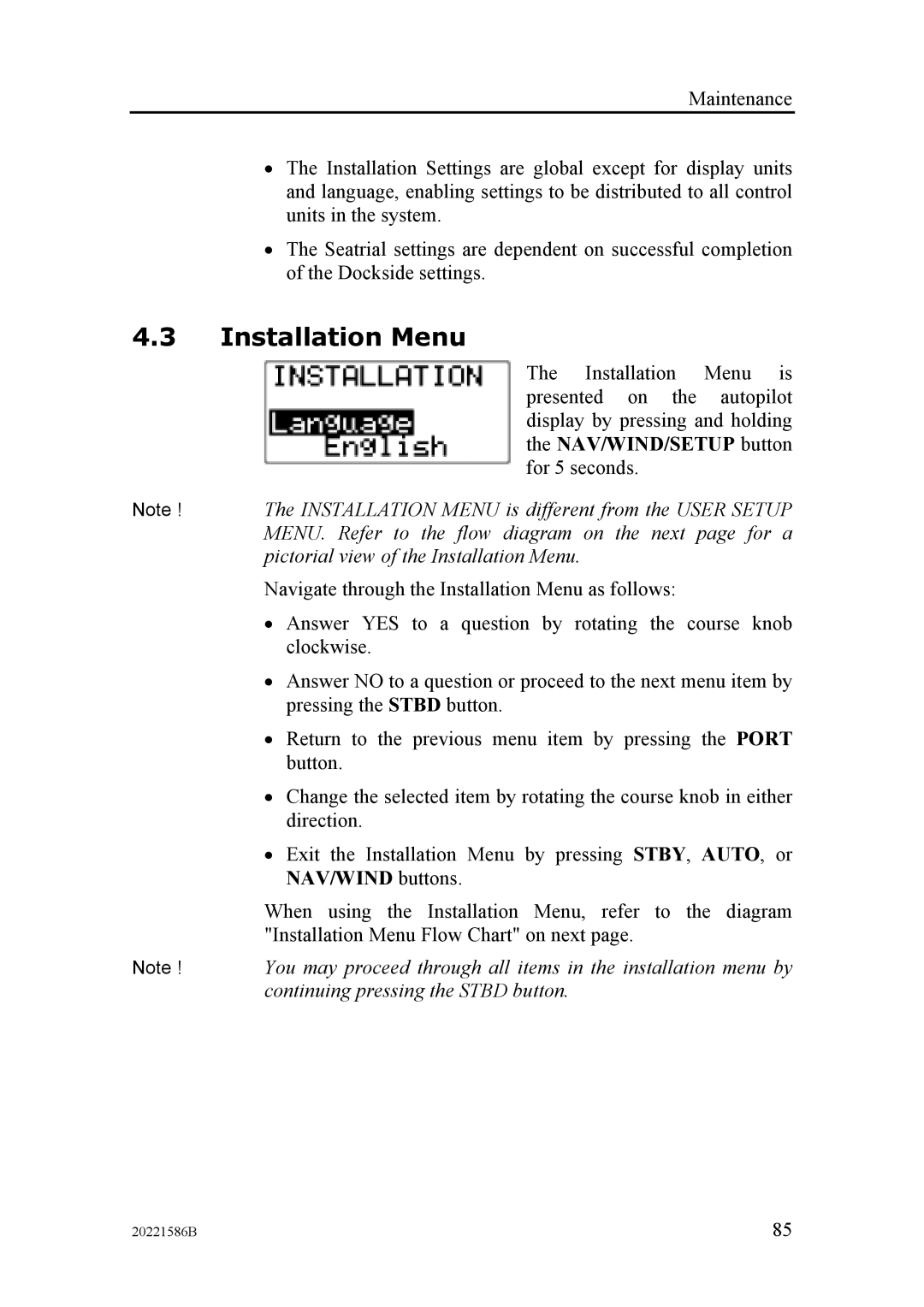 Simrad AP26, AP27 manual Installation Menu 