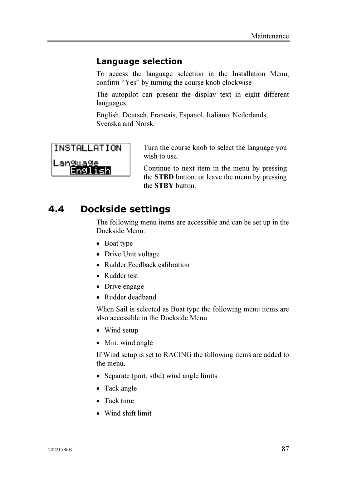 Simrad AP26, AP27 manual Dockside settings, Language selection 