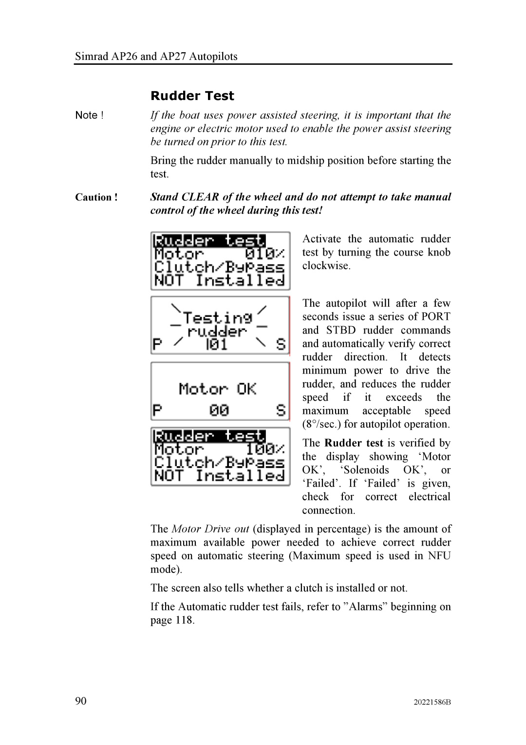 Simrad AP27, AP26 manual Rudder Test 