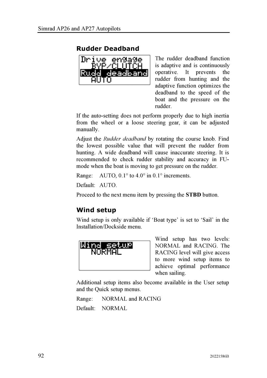 Simrad AP27, AP26 manual Rudder Deadband, Wind setup 