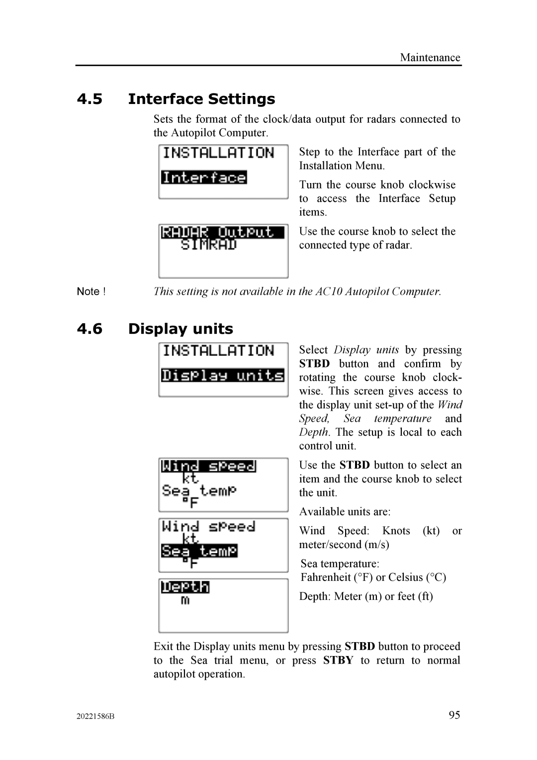 Simrad AP26, AP27 manual Interface Settings, Display units 