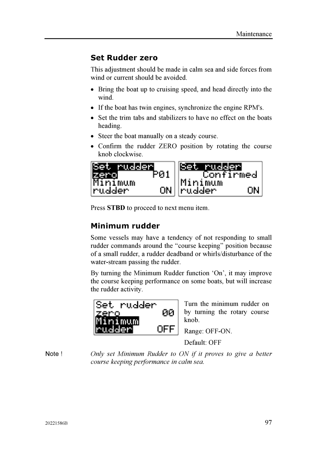 Simrad AP26, AP27 manual Set Rudder zero, Minimum rudder 