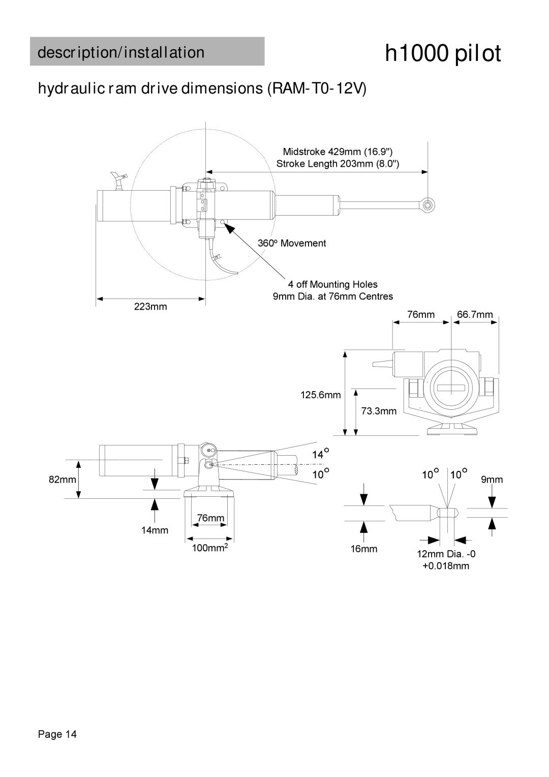 Simrad H1000 manual Hydraulic ram drive dimensions RAM-T0-12V 