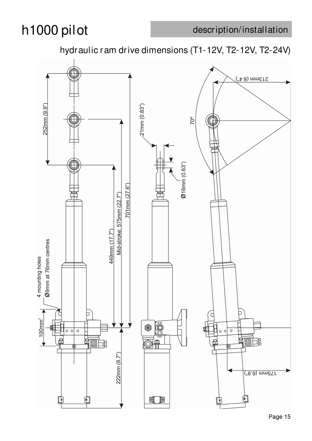 Simrad H1000 manual Hydraulic ram drive dimensions T1-12V, T2-12V, T2-24V 