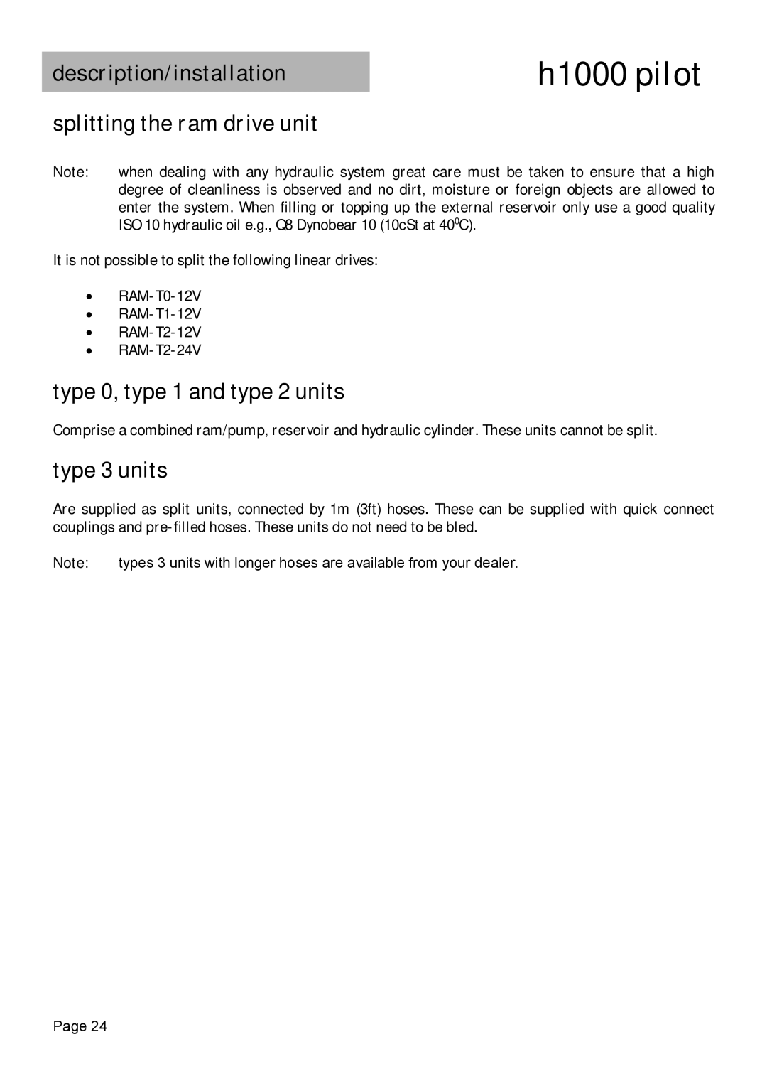 Simrad H1000 manual Splitting the ram drive unit, Type 0, type 1 and type 2 units, Type 3 units 