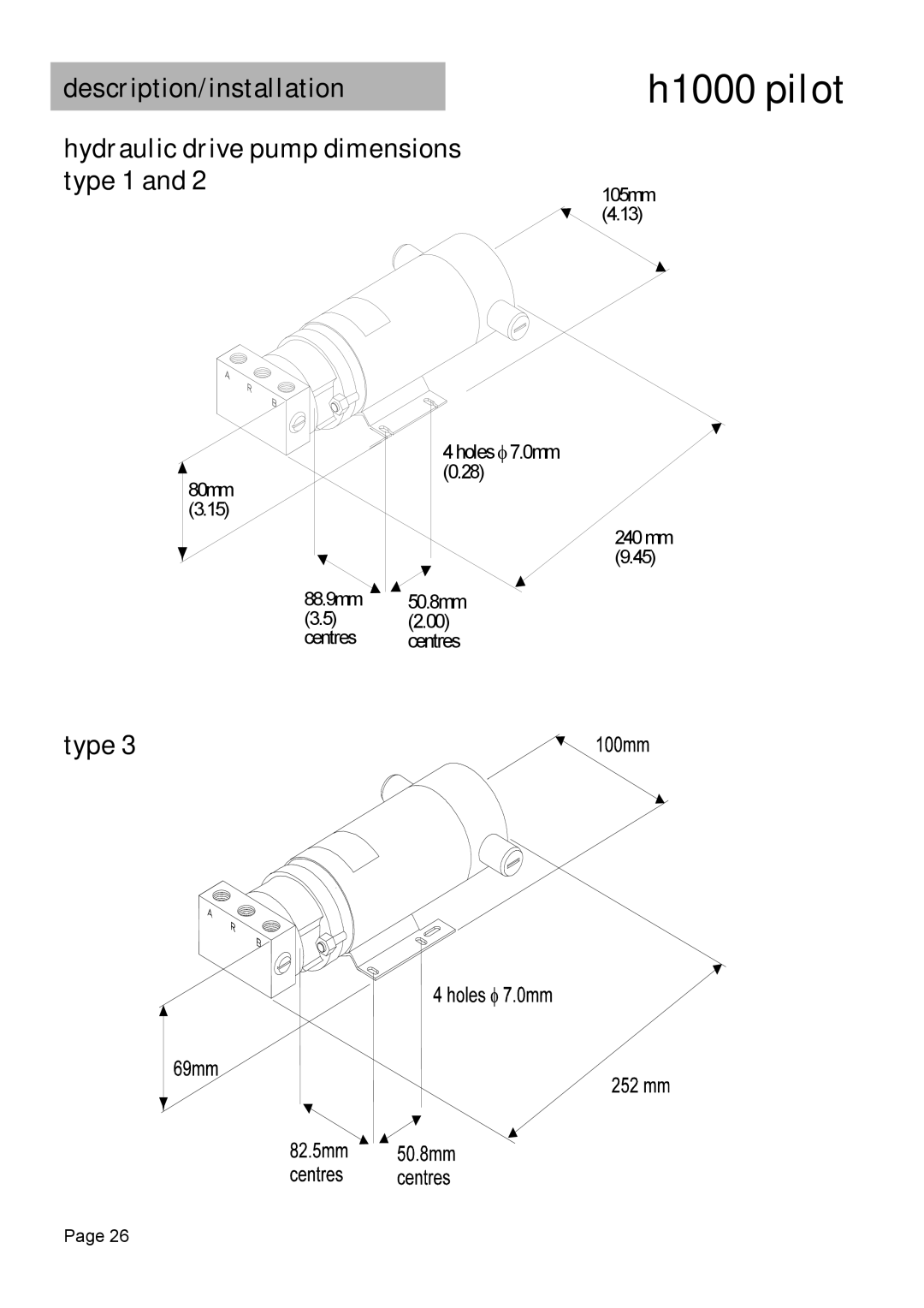 Simrad H1000 manual Hydraulic drive pump dimensions type 1, Type 