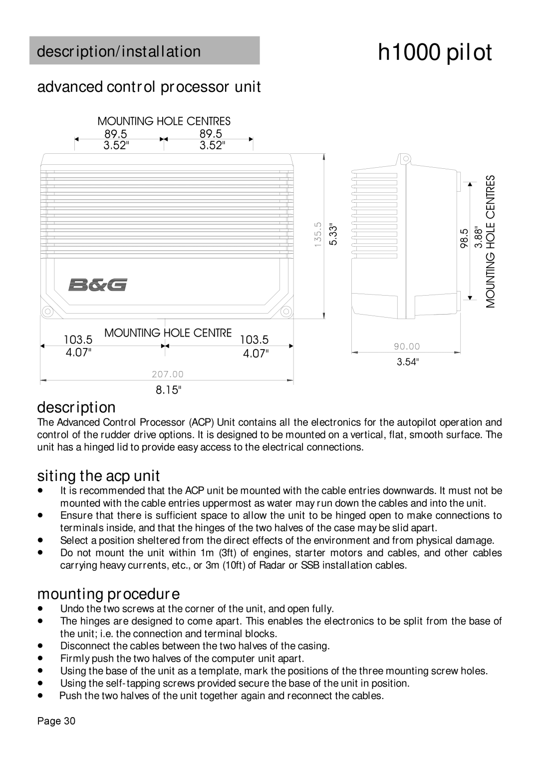 Simrad H1000 manual Advanced control processor unit Description, Siting the acp unit 