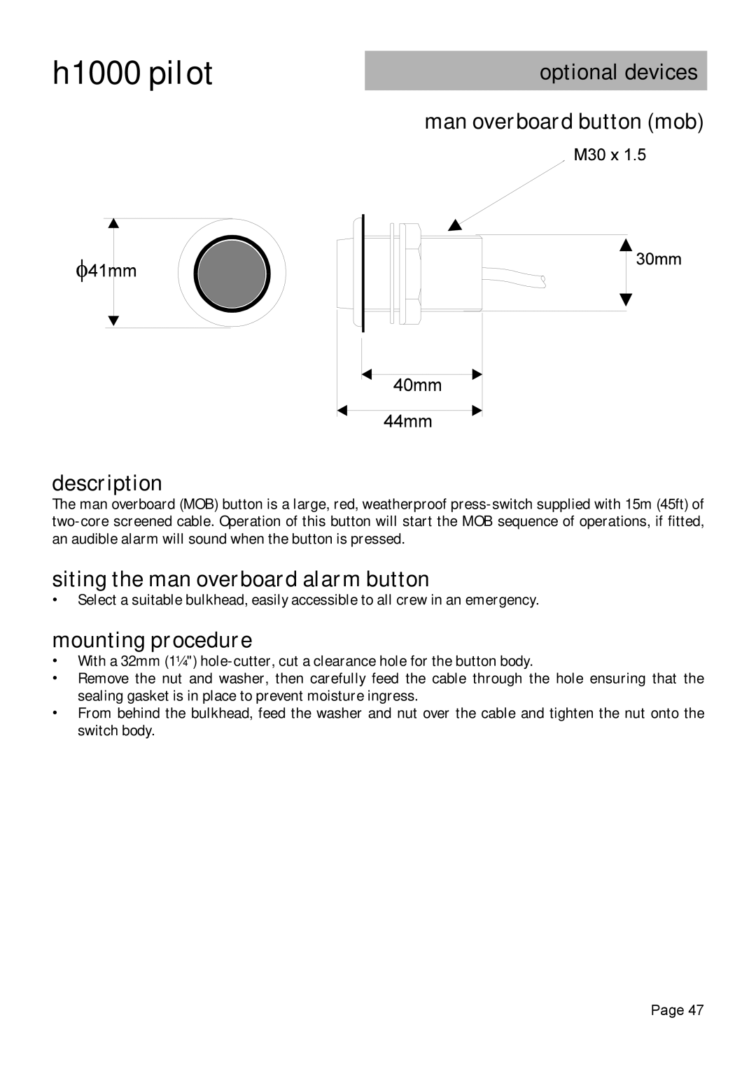 Simrad H1000 manual Optional devices Man overboard button mob Description, Siting the man overboard alarm button 