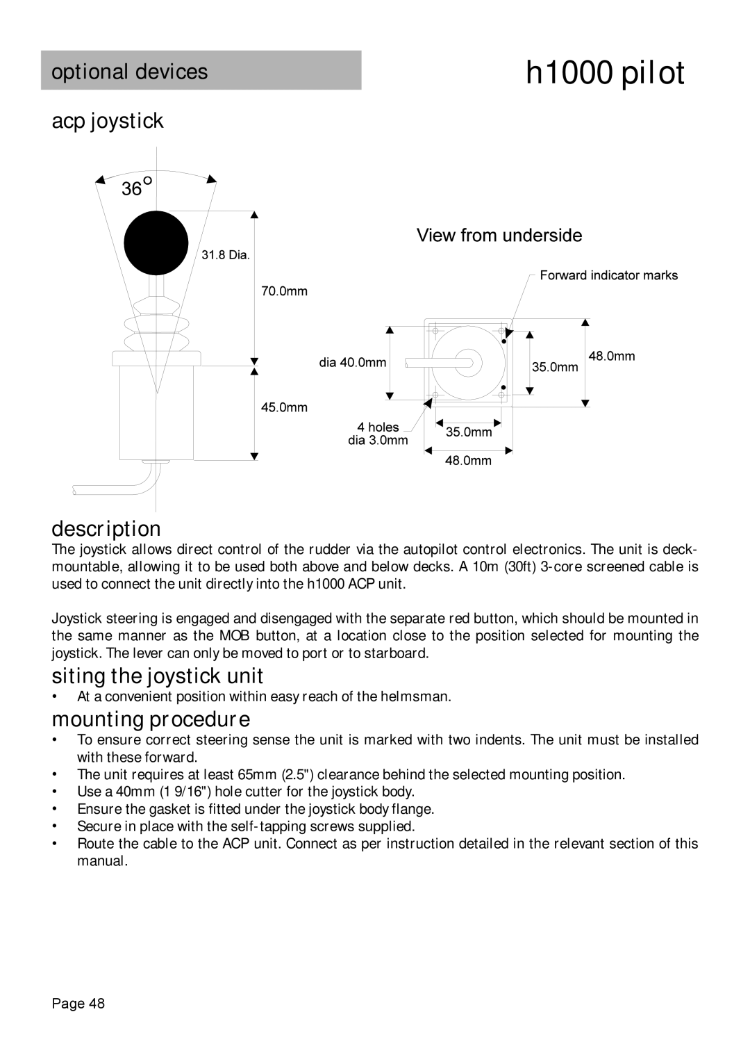 Simrad H1000 manual Optional devices, Acp joystick Description, Siting the joystick unit 