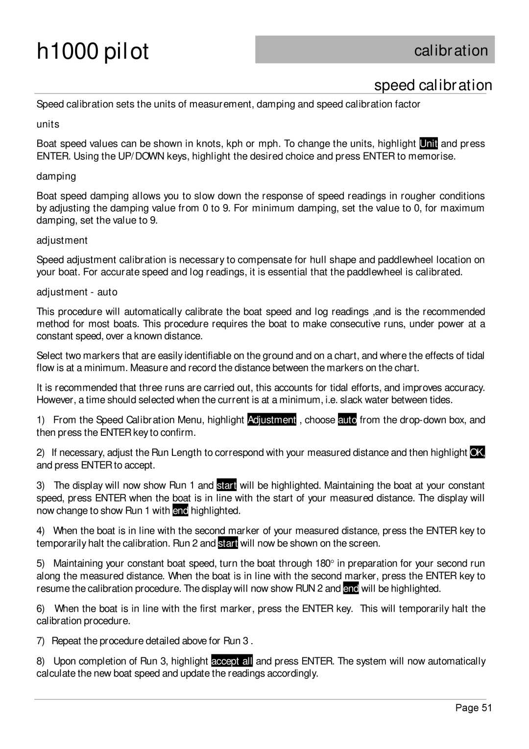 Simrad H1000 manual Calibration Speed calibration, Units, Damping, Adjustment auto 