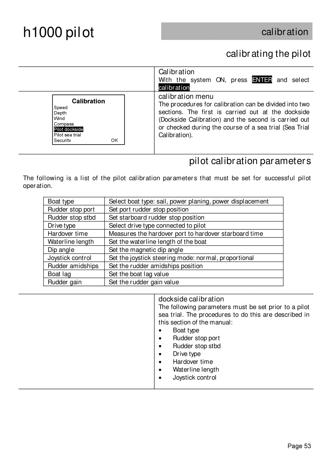 Simrad H1000 manual Calibration Calibrating the pilot, Calibration menu, Dockside calibration 