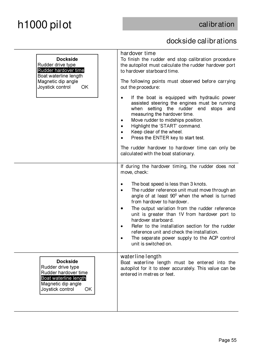Simrad H1000 manual Calibration Dockside calibrations, Hardover time, Waterline length 