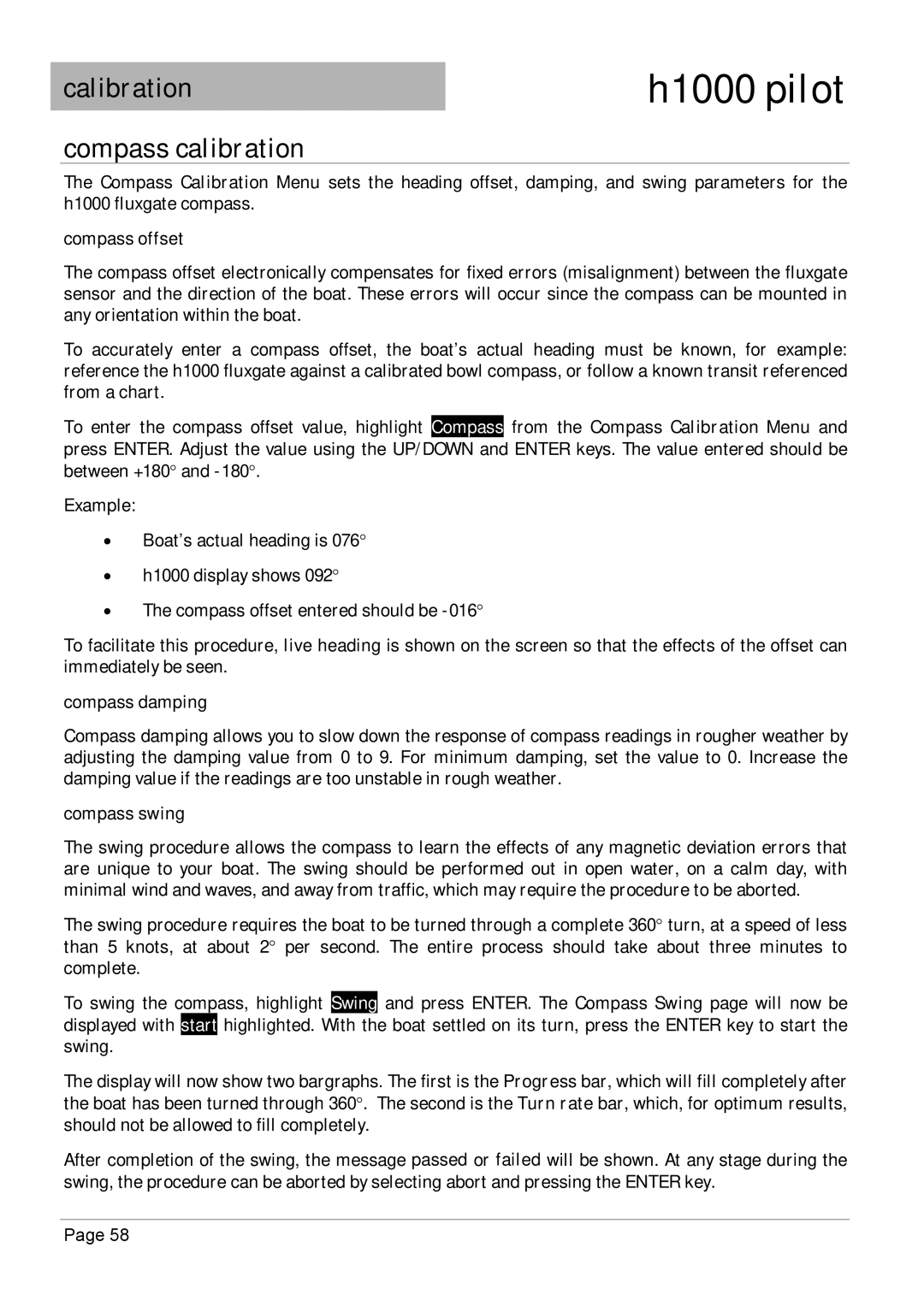 Simrad H1000 manual Calibration Compass calibration, Compass offset, Compass damping, Compass swing 
