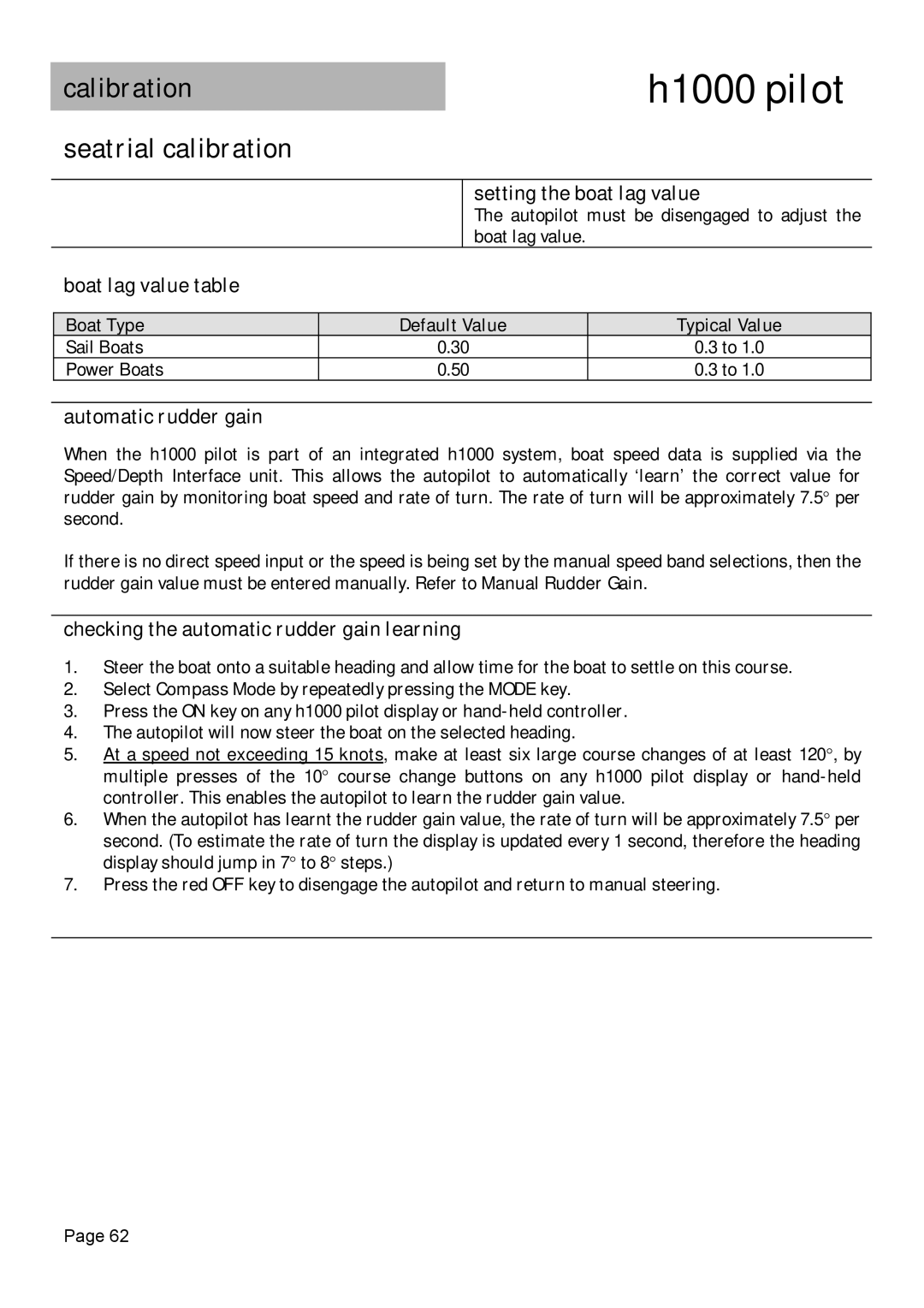 Simrad H1000 manual Setting the boat lag value, Boat lag value table, Automatic rudder gain, Boat Type 