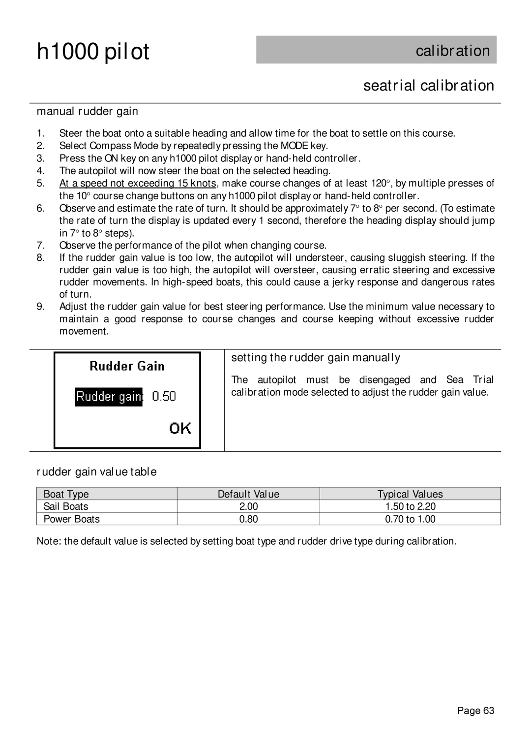 Simrad H1000 Manual rudder gain, Setting the rudder gain manually, Rudder gain value table 